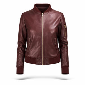 Chaqueta Bomber de Cuero Genuino Borgoña al por Mayor, Impermeable, Ecológica, para Otoño/Invierno, con Dobladillo Acanalado y Cierre de Cremallera, OEM ODM - Product Image 1