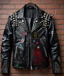 Chaqueta de cuero de vaca con remaches y tachuelas estilo gótico punk en combinaciones de colores personalizadas con cremallera, chaqueta de cuero para motocicleta. - Product Image 5