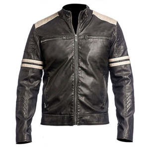 Blouson de moto en cuir véritable noir pour homme, style motard, col montant, fermeture éclair, coupe classique, pour l'automne - Product Image 1