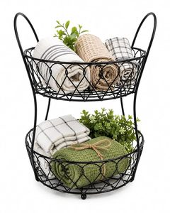 2-Tier Metal Fruit Basket Black Iron Wire Double Layer Kitchen Countertop Organizer <b>Vegetable</b> <b>Stand</b> Home Dining Decor - Product Image 1