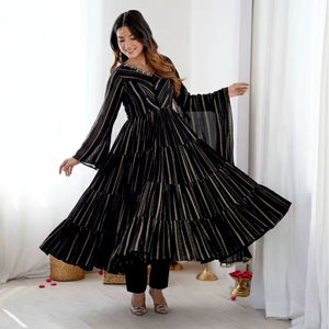 Conjunto de Vestido de Fiesta Mal Chanderi Premium, Completamente Cosido, con Detalles de Espejos Reales - Product Image 1