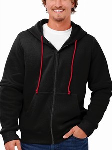 High Quality Custom Logo Men Unisex Heavyweight Cotton Polyester Fleece Zip Up <b>Hoodie</b> <b>Plain</b> Black Sweatshirt With Red Drawstring - Product Image 2