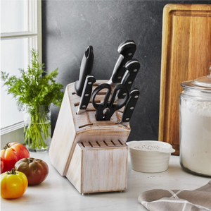 Ensemble de couteaux de cuisine à manche riveté noir avec lames argentées, bloc en bois blanchi, ciseaux et aiguiseur pour la préparation quotidienne des aliments - Product Image 5
