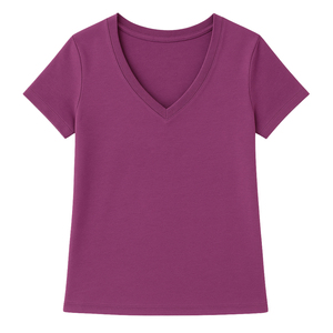 T-shirt décontracté pour femme, couleur prune, manches courtes, col en V, en toile écologique, mélange polyester/coton, anti-boulochage, respirant, doux et de qualité supérieure - Product Image 5