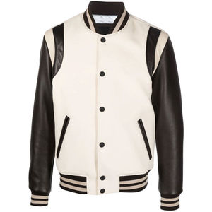 <b>Men's</b> <b>Cream</b> PU Leather Varsity <b>Jacket</b> Turn-down Collar Button Closure Solid Color Regular Sleeve Autumn Casual Outerwear - Product Image 1