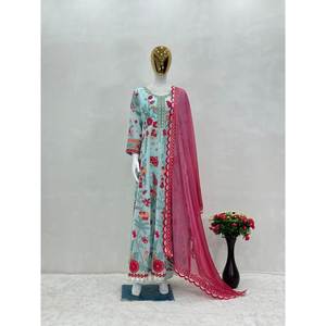 DISEÑADOR GEORGETET SECUENCIA BATA DE TRABAJO PANTALÓN CON DUPATTA SKY - Product Image 1