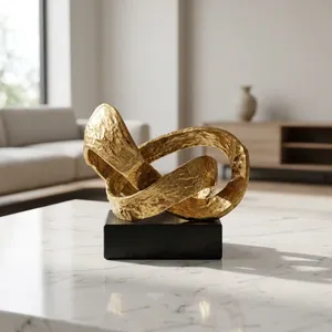 Sculpture métallique abstraite finition or, statue décorative moderne, objet de décoration de table avec base noire pour la maison, le bureau ou le salon - Product Image 3