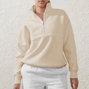 <b>Women's</b> <b>White</b> Fleece Quarter-Zip Hooded Sweatshirt Full Sleeve Regular Fit Casual Sportswear All Seasons 100% Organic Cotton - Product Image 3