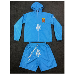 Ensemble de survêtement bleu à capuche pour homme avec logo brodé, style sportif, vêtement d'été en polyester satiné, coupe-vent et short - Product Image 3