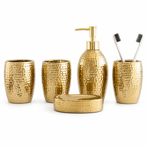 Gold Bathroom Accessory Wholesale Electroplated Ceramic 5-Piece Bath Ensemble With Hammered Soap Dispenser & <b>Toothbrush</b> <b>Holder</b> - Product Image 1