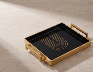 Plateau de service moderne en émail noir et or à motif arqué, avec poignées géométriques, décoration esthétique pour la maison, pièce maîtresse - Product Image 3