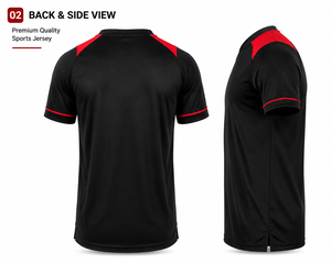 เสื้อฟุตบอลคอวี แขนสั้น พรีเมียม ยูนิเซ็กซ์ สีดำแดง ตัดต่อสี ระบายเหงื่อได้ดี ผลิตจากโพลีเอสเตอร์ 100% ทรงหลวม สวมใส่สบาย เหมาะสำหรับฤดูใบไม้ผลิ - Product Image 2