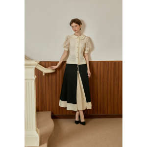 Proveedor de Vietnam: Blusa de encaje floral elegante/vintage/romántica ZELLA con mangas abullonadas y falda con abertura de mezcla de lino KS50 - Product Image 1