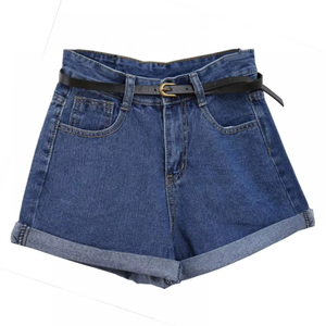 Shorts de mezclilla para mujer al por mayor, de alta calidad, superventas, con cinturón frontal ajustable, elásticos, mezcla de elastano, lavado a la piedra, con lazo. - Product Image 2