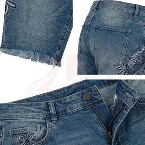 Men's Denim Shorts Straight Leg Mid Waist Embroidered Floral Design Stonewashed Cotton Casual Summer Wear - Product Image 4