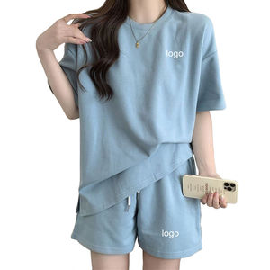 Ensemble court pour femme de haute qualité, coupe classique, brodé, 100 % coton, t-shirt et short, idéal pour la course et le jogging, deux pièces - Product Image 2