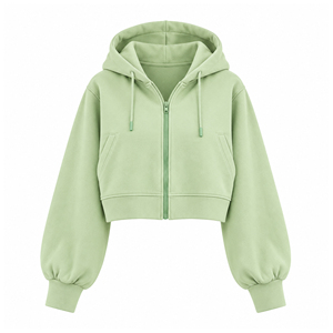Womens Mint <b>Green</b> Cropped Zip Up Hoodie <b>Balloon</b> Sleeve Hooded Sweatshirt with Side Pockets Casual Athleisure Jacket Wholesale - Product Image 1