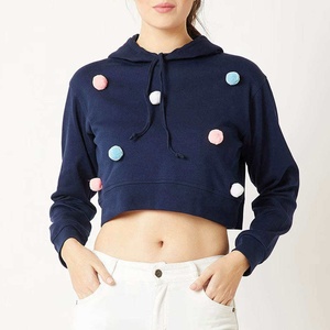 <b>Womens</b> Crop Hoodie Pom Pom Embellished Navy <b>Blue</b> Pullover Sweatshirt Cute Short Length Raw Hem Long Sleeve Sweet Girls <b>Hoodies</b> - Product Image 1