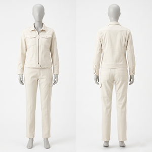 Premium 280 GSM Cotton Polyester Twill Women Workwear Uniform <b>White</b> Zip Front Utility Jacket <b>Cargo</b> Pant Custom Embroidery - Product Image 1