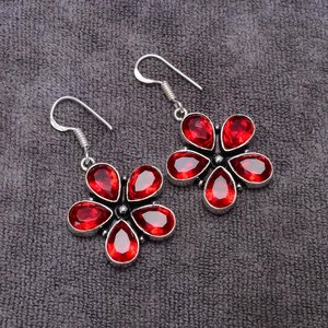 Boucles d'oreilles fleur de grenat faites à la main, argent sterling 925, bijoux en pierres précieuses, pierre rouge naturelle, boucles d'oreilles pour femmes, cadeau - Product Image 5