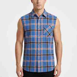 Camisa de Franela a Cuadros sin Mangas para Hombre, Estilo Primavera, de Algodón, Azul, Casual, con Botones, Cuello Camisero, Transpirable - Product Image 1
