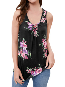 Camiseta sin mangas con estampado floral para mujer, cuello redondo, informal, para verano, color negro con flores rosas y moradas - Product Image 4