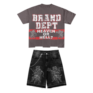 Ensemble streetwear 2 pièces pour homme 2026 : T-shirt graphique oversize et short en jean décontracté imprimé vintage, style hip-hop - Product Image 1