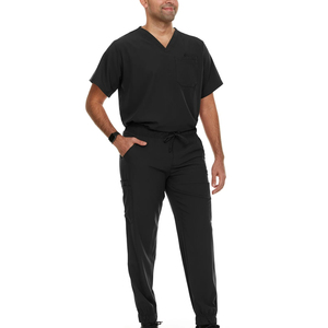 Men Black Scrub Set Cotton Polyester Knitted V-Neck <b>Top</b> With Pocket Drawstring Pants Hospital Uniforms - Product Image 1