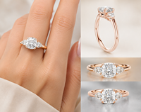 Anillo de Compromiso de Lujo con Tres Diamantes Cultivados en Laboratorio con Corte Cojín para Mujer, Chapado en Oro Rosa de 10K, 14K, 18K, Joyería Nupcial