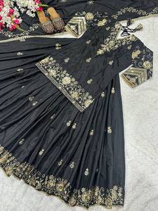 Black Cotton Embroidered Indian Pakistani Set Long Sleeve <b>Top</b> Anarkali <b>Lehenga</b> Fancy Border Quick Dry Floor-Length Party Wear - Product Image 2