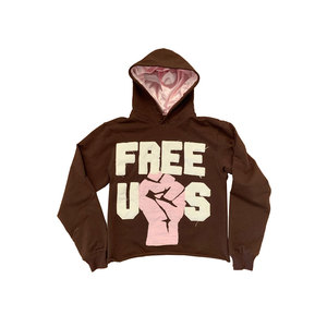 Sudadera con Capucha Interior de Satén Marrón Rosa con Estampado de Puño, Unisex, Casual, de Algodón Tejido para Otoño, Ajuste Regular - Product Image 1