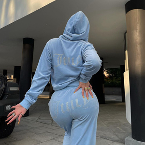 Ensemble deux pièces en polaire à capuche bleu clair pour femme, coupe ample, couleur unie, décontracté, pour le printemps et l'été - Product Image 3