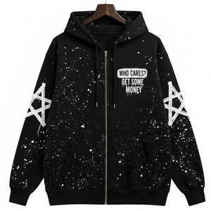 Ensemble de survêtement personnalisé avec imprimé graphique textuel effet éclaboussures, coupe épaules tombantes, en coton épais 100% (400 GSM), comprenant un sweat à capuche zippé noir et un pantalon de survêtement - Product Image 1