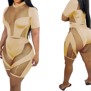 Womens <b>Two</b> <b>Piece</b> Solid Sheer <b>Mesh</b> Regular Fit Three-quarter Sleeve Crop Top and Biker Shorts Clubwear Summer OEM ODM Wholesale - Product Image 3