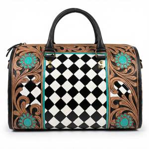 Bolso de Viaje Tipo Weekender, Mini Bolso Deportivo, de Hombro, para Gimnasio y Yoga, en Cuero Genuino 100%, Impermeable, con Diseño de Tablero de Ajedrez - Product Image 4