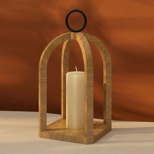 Farol de madera rústico con arco, marco de veta natural, diseño de jaula abierta y anillo superior negro para un toque de estilo rústico. - Product Image 1