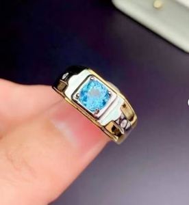 Bague de mariage et de fiançailles pour homme en topaze bleue, plaqué or 14 carats, argent, pierre naturelle taille brillant ronde, bijoux de luxe - Product Image 4