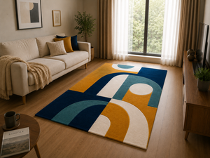 Tapis en laine tufté à la main, style Art déco du milieu du siècle, motifs géométriques arche, jaune moutarde, bleu marine, turquoise, tapis de designer pour salon - Product Image 5