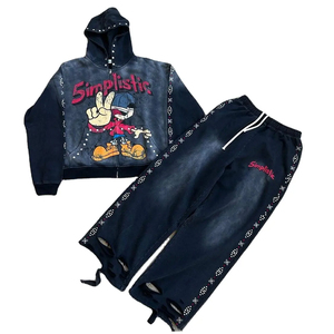 Ensemble de survêtement bleu foncé simpliste avec imprimé de personnage, sweat à capuche et pantalon, fermeture éclair, manches longues, streetwear, coupe ample, pour adultes, automne - Product Image 1