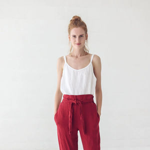 Pantalon en lin d'été taille haute fait à la main taille élastique bande pantalon couleur unie longueur au sol dames pantalon doux lavé bon - Product Image 1