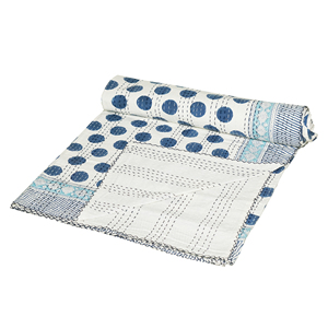 Colcha Kantha Azul con Puntos, Hecha a Mano, de Algodón Orgánico, Reversible, Estilo Patchwork Floral, Esponjosa, Lavable, para Todas las Estaciones - Product Image 1
