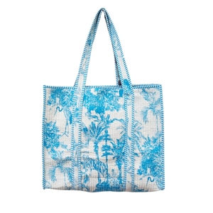 Bolsa de Mano de Algodón con Estampado Floral Hecho a Mano, con Ribete Azul a Rayas, Estilo Bohemio, Abertura Superior Abierta, para Compras y Viajes, para Usar en Todas las Estaciones - Product Image 1