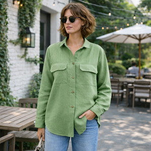 Chemise en lin menthe pour femme, à manches longues, boutonnée, coupe décontractée, avec poche et détail illusion, teinte unie, pour usage quotidien - Product Image 2