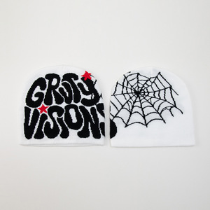 Graty Visions Embroidered Adjustable Beanie <b>White</b> Acrylic Knit <b>Hat</b> Y2K Unisex Adult 56-58CM Casual Winter Cap - Product Image 1