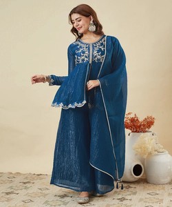 Salwar Kameez Dupatta de Seda Azul Bordado, Traje Tradicional para Mujer, Corte Regular, Secado Rápido, Estilo Pakistaní, para Fiestas, JJ-1025-85431 - Product Image 1