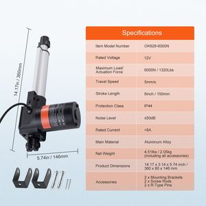 Attuatore Lineare 12V da 6 Pollici per Carichi Pesanti, Capacità 1320 libbre/6000N, Velocità 0,19 pollici/s, con Staffa di Montaggio e Cilindri - Product Image 4