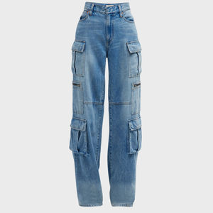 Jeans Cargo de Cintura Alta para Mujer, Corte Holgado, Largos, de Mezclilla Lavada, con Bolsillos, Estilo Casual Urbano - Product Image 2