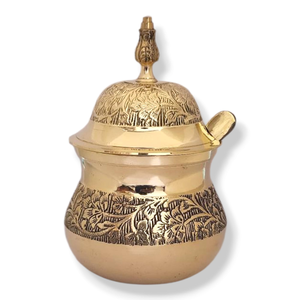 Brilliant hammered brass container filled with fresh ghee, including a knob <b>lid</b>; available at wholesale price. - Product Image 6