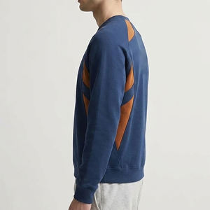 Custom Logo Men's Navy Blue Crew Neck Sweatshirt With <b>Brown</b> Patchwork Color Blocking Regular Fit Long Sleeve Knitted Cotton - Product Image 5