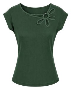 Manufacturer Custom Dark Green Women Casual Summer Blouse Elegant Flower Neck Short Sleeve Fashion Loose Fit Stylish <b>Top</b> Shirt - Product Image 1